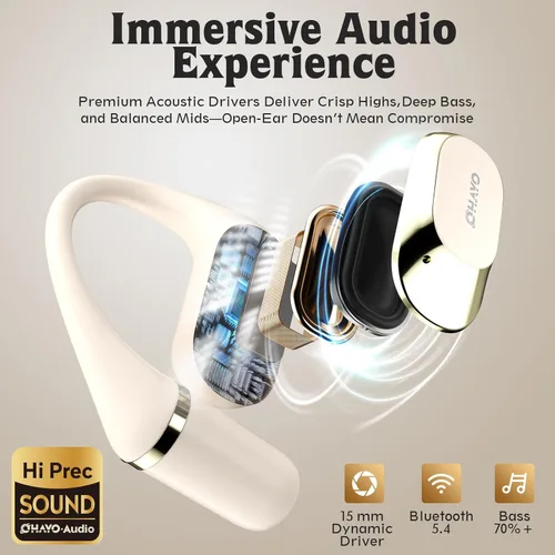 Miniatura 5 de OHAYO Auriculares de oreja abierta, auriculares con gancho ergonómico para la oreja, auriculares Bluetooth 5.4 con pantalla digital inteligente