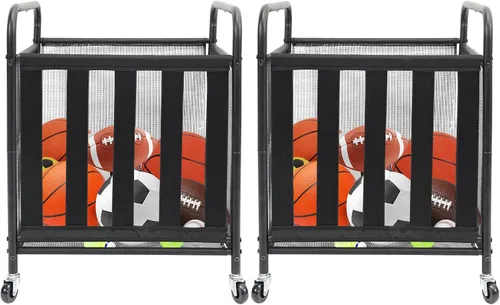 STO STO Paquete de 2 carros de almacenamiento de pelotas deportivas con ruedas, jaula de baloncesto con cierre con correas elásticas, organizador de