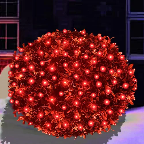 HISHINY Red de luces LED rojas de Navidad para exteriores, cable verde de 100 luces LED de 5 x 5 pies, cable verde conectable para interiores y Rojo