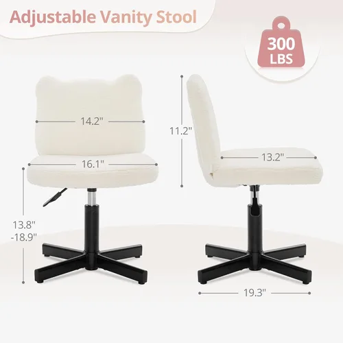 Miniatura 3 de LUE BONA Taburete de tocador ajustable con respaldo ancho con orejas de oso femenino, taburete giratorio de 360° para sala de maquillaje, otomana
