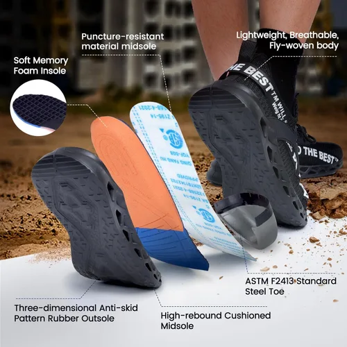 Miniatura 4 de Furuian - Tenis con punta de acero para hombres y mujeres, zapatos de seguridad ligeros, cómodos, a prueba de pinchazos, zapatos de trabajo