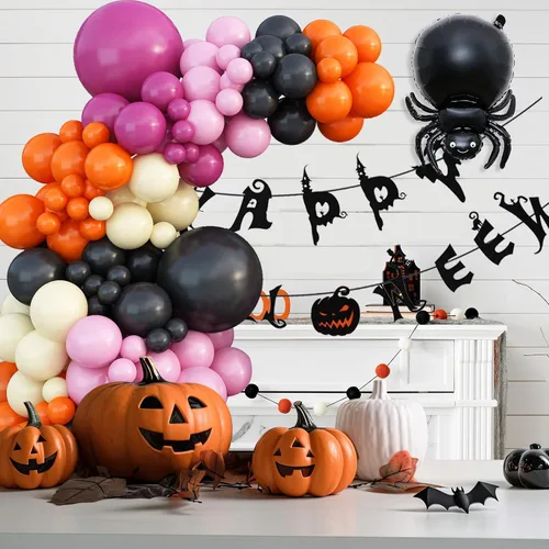 Miniatura 5 de Kit de guirnalda de globos de Halloween, kit de arco de globos de Halloween negro, naranja, rosa, con globo amarillo pastel, araña, fantasma