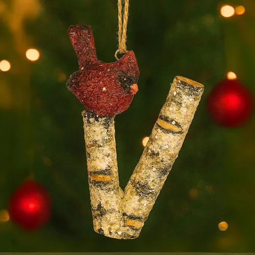Miniatura 14 de Adorno de Navidad con letra inicial cardenal rústica, aspecto de madera de abedul, alfabeto colgante, decoración con monograma para árbol de Letra R