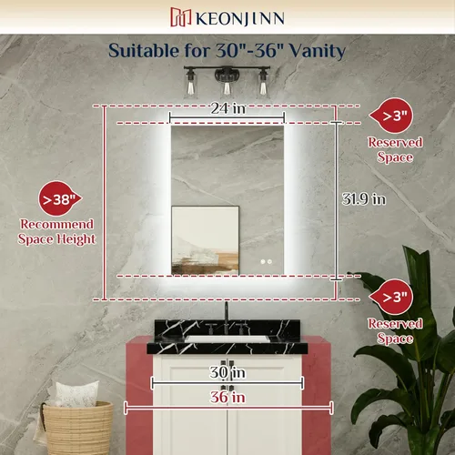 Miniatura 2 de Keonjinn Espejo de baño LED de 24 x 32 pulgadas con retroiluminación, antiniebla, CRI90+ HD regulable sin escalones, alto lumen, montaje en pared