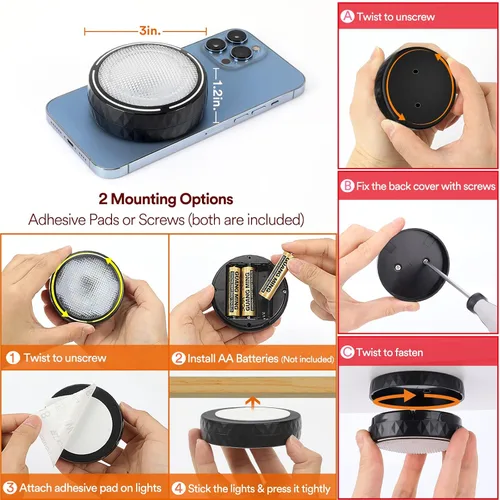 Miniatura 5 de Luces LED de disco con control remoto, luces inalámbricas de armario que funcionan con pilas, luces debajo del gabinete, luces de empuje, luces que