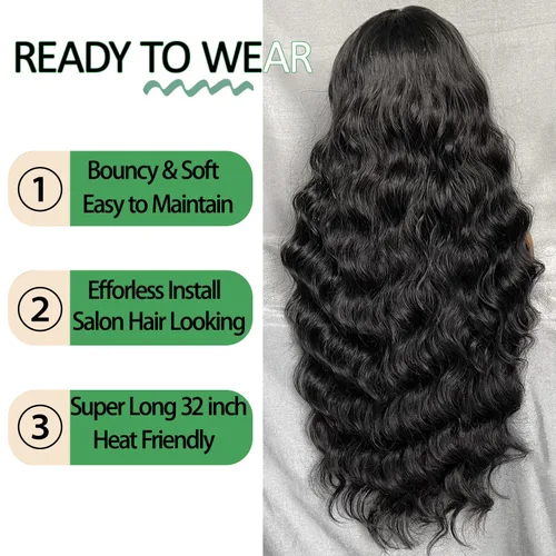 Miniatura 3 de SOKU Peluca negra de encaje frontal de 13 x 6 pulgadas, 32 pulgadas de largo, ligera, línea de cabello prearrancada con abuelitos, encaje suizo