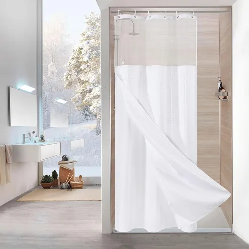 Miniatura 17 de MitoVilla Cortina de ducha pequeña beige de 36 x 72 pulgadas, juego de cortina de ducha de tela de punto gofre de tamaño medio estrecho con forro