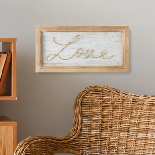 MyGift Placa decorativa enmarcada amor vintage de madera/latón tono metal decorativo para el hogar, letrero de letras montadas en la pared