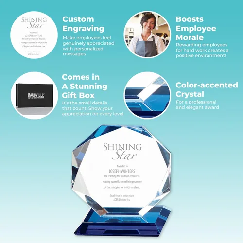 Miniatura 4 de Baudville Grabado personalizado, trofeo octágono luminoso resaltado azul, premio de cristal, grabado personalizado de hasta tres líneas y selección