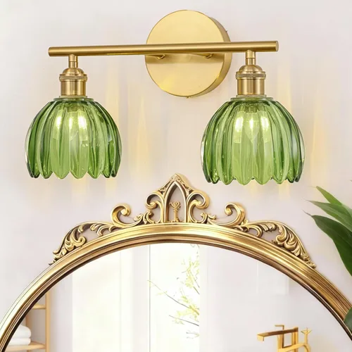 Lámparas doradas para baño sobre el espejo, 2 luces de tocador de baño con pantalla de cristal verde tulipán, luces de tocador vintage para baño,