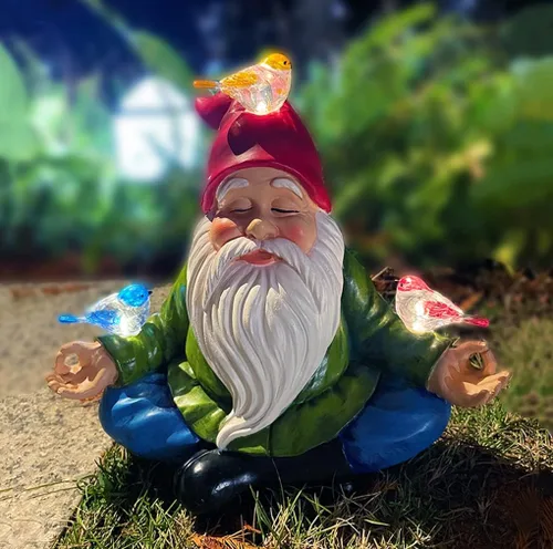 Miniatura 8 de Gnomo alimentado por energía solar con sombrero rojo y 3 pájaros, adorno de jardín de resina con luz LED, estatua de decoración al aire libre