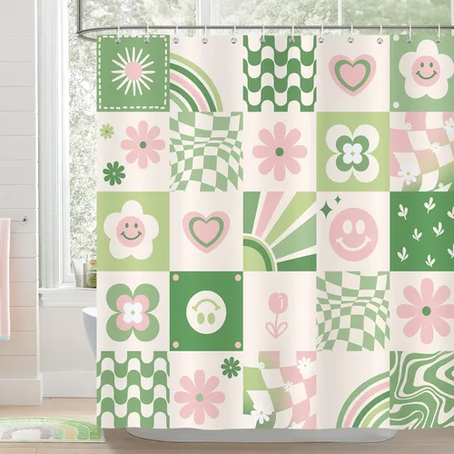 Miniatura 2 de Bonhause Bonita cortina de ducha retro, diseño floral de arcoíris a cuadros, decoración de baño para niños, 72 x 72 pulgadas, tela de poliéster
