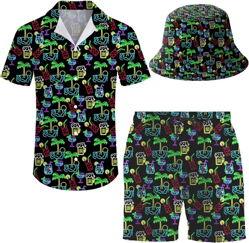 Miniatura 19 de Conjunto deportivo de 2 piezas para hombre, camisa hawaiana, pantalones cortos, camisa con botones y pantalones cortos con sombreros de pescador