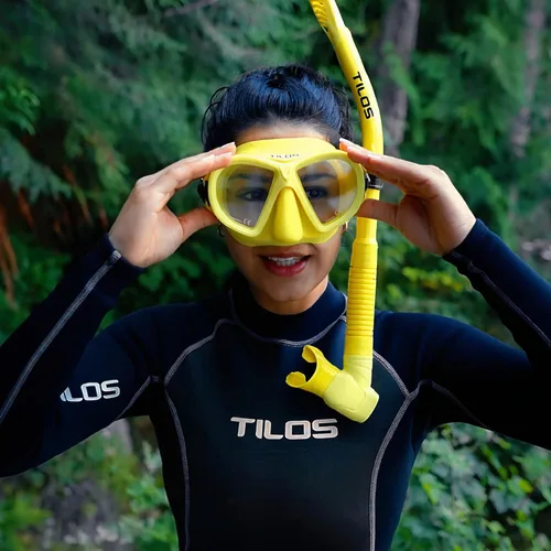 Miniatura 2 de Tilos AquaStalk - Juego de 2 máscaras de buceo y esnórquel semiseco Hi-Flow - Aventuras de apnea sin costuras Rayo Flor