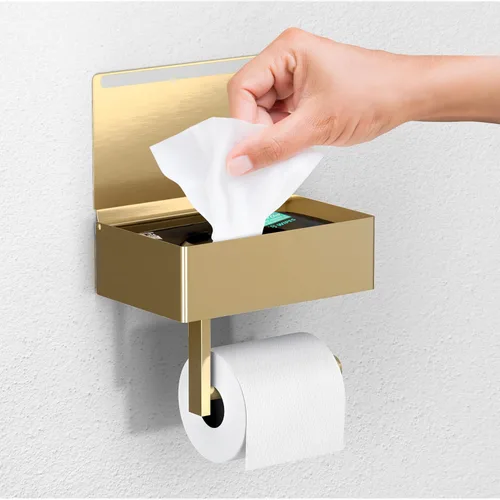 Day Moon™ - Soporte de papel higiénico dorado cepillado con estante, soporte para toallitas para baño, dispensador de toallitas desechables, soporte