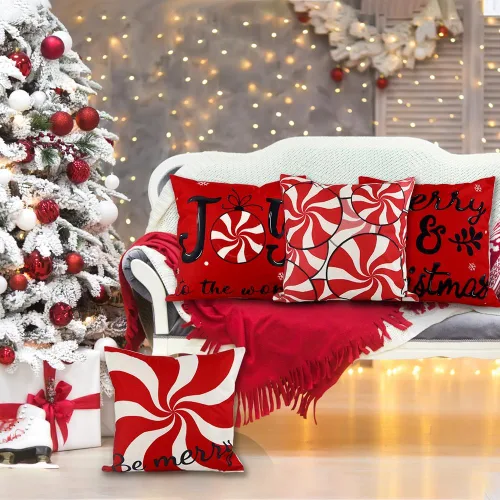 Miniatura 6 de Vellibring - Juego de 4 fundas de almohada de Navidad con diseño de caramelos, 45 x 45 cm, rojo y blanco, fundas de almohada para sofá, decoración