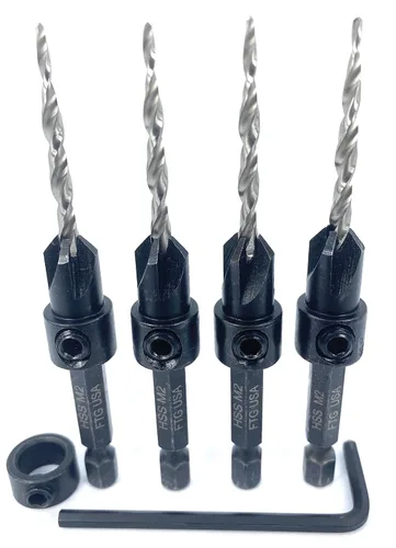 Miniatura 21 de FTG USA Juego de 12 brocas avellanadoras #8 (11/64 pulgadas) con collar de tope de profundidad, llave hexagonal, brocas cónicas para madera