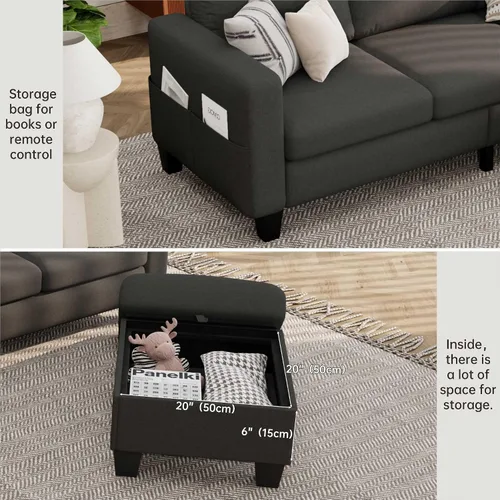 Miniatura 3 de Sofás Seccionales para Sala de Estar - Sofá Moderno en Forma de L de Lino Gris Oscuro de 3 Plazas con Otomana de Almacenamiento Reversible