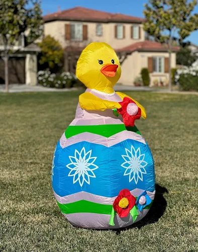 Miniatura 4 de Pollito amarillo inflable de Pascua de 4 pies de alto con flor roja y huevo azul, luces LED preiluminadas, para exteriores, interiores, vacaciones