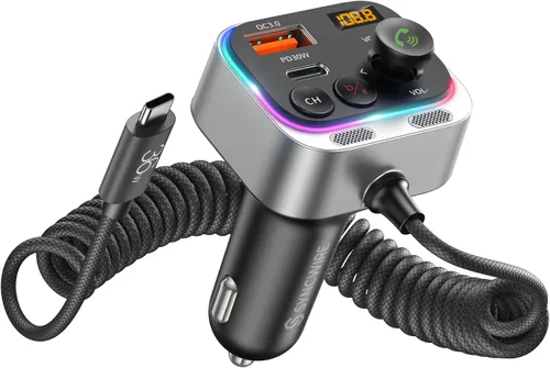 Syncwire Transmisor FM Bluetooth 5.4 Adaptador de coche 66 W PD y QC 3.0 de carga rápida con cable USB-C, adaptador de radio inalámbrico con control