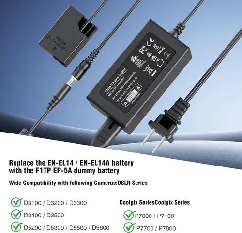 Miniatura 4 de Adaptador de corriente alterna EP-5A EH-5 y batería ficticia EN-EL14 para Nikon D3100 D3200 D3300 D3400 D3500 D5100 D5200 D5300 D5500 D5600 Coolpix