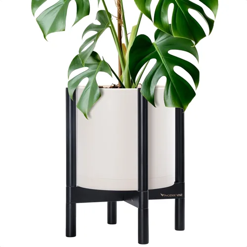 Miniatura 36 de Maceta de D'vine Dev con soporte - Maceta de flores de cilindro de plástico de 8.0 pulgadas con soporte de madera para interiores, maceta mate negra