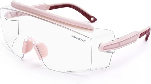 UKNOW Gafas de Seguridad Sobre Lentes, Gafas de Seguridad Antiempañamiento con Lente Envolvente Transparente, Gafas Protectoras ANSI Z87.1 Rosa