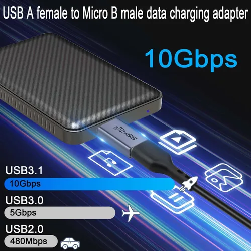 Miniatura 3 de QIANRENON Adaptador de disco duro externo USB A hembra a USB 3.0 Micro B macho de 10 Gbps USB 3.1 a Micro B convertidor de carga de datos