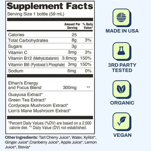 Miniatura 2 de Ethan's Organic Clean Energy Shots - Jengibre de cereza ácida, paquete de 12 unidades de 2 onzas, 150 mg de cafeína, té verde, guayusa, melena