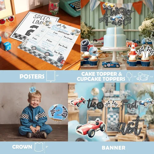 Miniatura 4 de Dos decoraciones de cumpleaños rápidas para niños – 138 piezas de auto de carreras de 2º cumpleaños suministros de fiesta con telón de fondo
