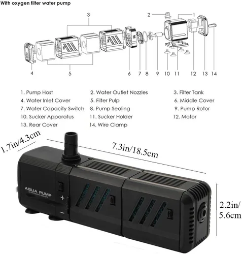 Miniatura 6 de MQ Bomba de agua sumergible de 210 GPH (800 L/H, 8 W) con filtros y boquillas de agua, ultra silenciosa para acuario, pecera, estanque, fuente