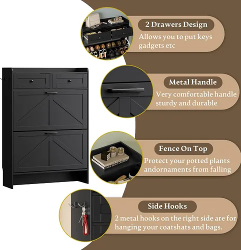Miniatura 5 de BORNOON Gabinete de Almacenamiento de Zapatos para Entrada, Gabinete Estrecho de Zapatos Estilo Granja con 2 Cajones Abatibles y Cajones Superiores