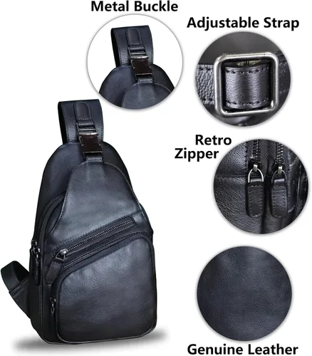 Miniatura 6 de LRTO Bolso de cuero genuino para hombres y mujeres, estilo vintage, de cuero auténtico, bandolera de hombro, bolso cruzado en el pecho, Grisoscuro