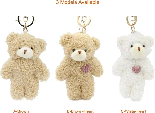 Miniatura 5 de Llavero de peluche de oso de juguete para niños con corazón morado de 5 pulgadas de peluche, mochila con colgante de regalo para niñas (A-marrón)