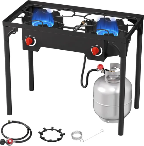 Estufa de gas de 2 quemadores, quemador de propano para exteriores de alta presión con patas desmontables, estufa de campamento de 150,000 BTU,