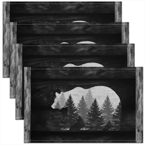 Lodge - Juego de 4 manteles individuales de cabina con diseño de silueta de pino y oso gris, tapetes de cocina para mesa de comedor, animales Color