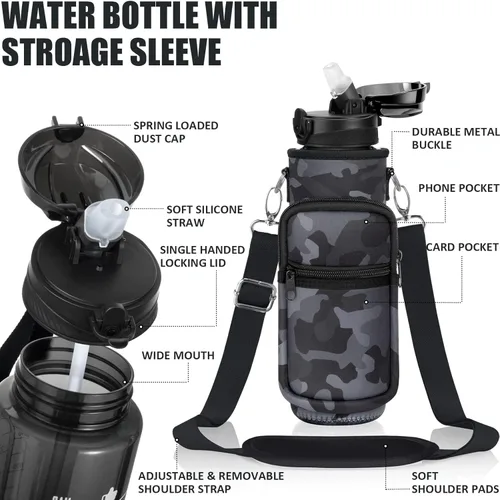 Miniatura 5 de Fimibuke - Botella de agua de 32 onzas líquidas con funda, sin bisfenol A, a prueba de fugas, deportiva, motivacional, con pajilla y correa, bolsa