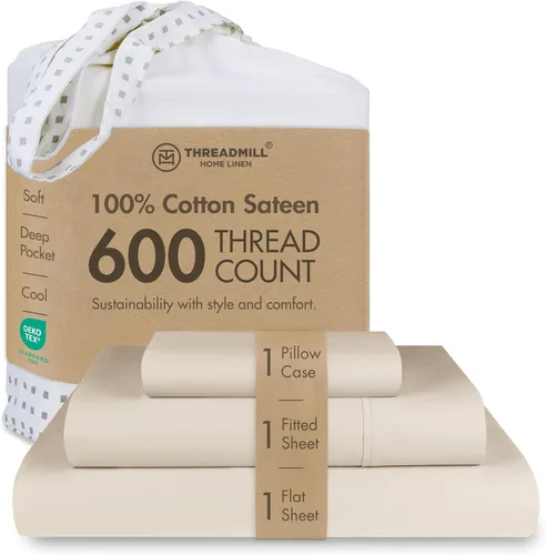 Miniatura 28 de Threadmill Sábanas de Algodón 100% para Cama Tamaño Queen - Juego de Sábanas Queen de 600 Hilos con Bolsillo Profundo de 16" - Juego de Ropa de Cama