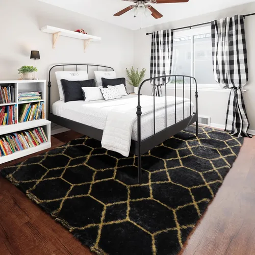 Miniatura 6 de ONASAR Alfombras de 5 x 8 pies para sala de estar, dormitorio, alfombra de área lavable esponjosa negra y dorada, alfombra geométrica bohemia de 2