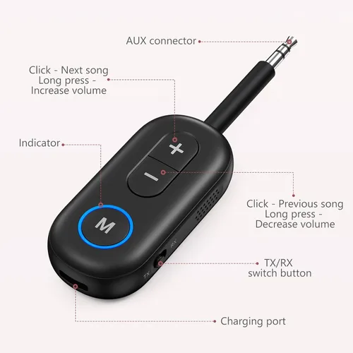 Miniatura 6 de LOFICOPER Adaptador Bluetooth 5.3, transmisor Bluetooth inalámbrico 2 en 1 y receptor para vuelo, automóvil, auriculares, estéreo doméstico, TV Negro