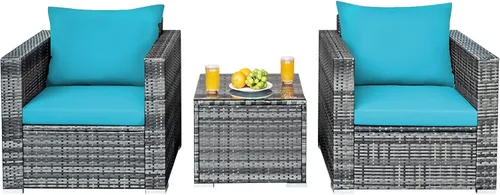 Miniatura 12 de HAPPYGRILL Juego de 3 piezas de sofá de mimbre de ratán al aire libre con mesa auxiliar, juego de muebles de patio con cojines suaves para balcón