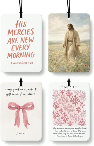 Miniatura 29 de Ambientador cristiano rosa para automóvil, 6 piezas, flor de lazo rosa, versículo religioso de la Biblia, ambientador colgante para autos, armario