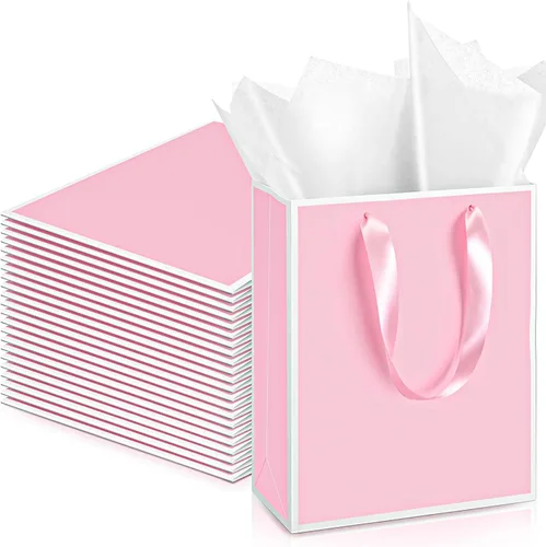 Miniatura 36 de Yeaqee Paquete de 24 bolsas de regalo de papel metálico con asa y papel de seda de 9 x 7 x 3.1 pulgadas, bolsas de favor de bienvenida con papel