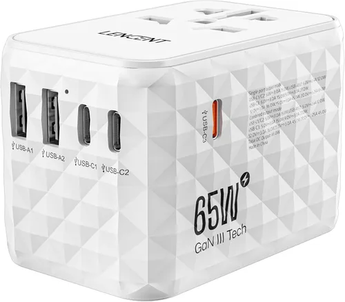 LENCENT Adaptador de viaje internacional de 65 W, adaptador de viaje universal con 2 salidas USB-A y 3 PD tipo C, carga rápida para teléfono, Blanco