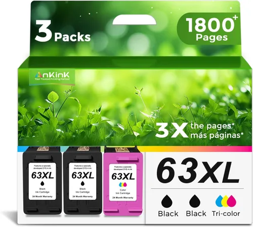 63XL - Cartuchos de tinta de repuesto para HP 63 XL (2 negros 1 color combo paquete de 3) aptos para HP63 3830 4650 4652 4655 5200 5252 5255 5258