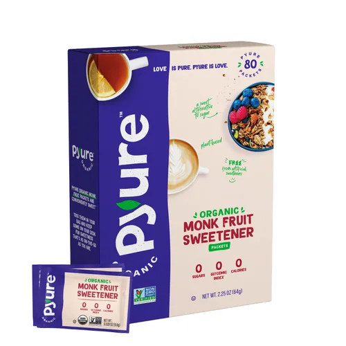 Pyure Paquetes de Edulcorante Orgánico de Fruto de Monje | Sustituto de Azúcar Blanco para Hornear, Café y Té | Cero Carbohidratos, Cero Calorías,