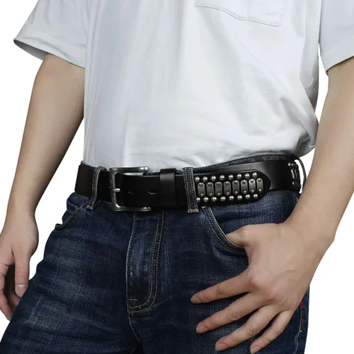 Miniatura 4 de FIORETTO - Cinturones de piel de vacuno italianos con tachuelas para hombre con hebilla para hombre color negro