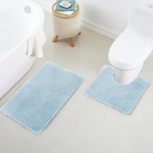 YHF Juego de Alfombras de Baño de 2 Piezas, Microfibra Shaggy Gruesa y Suave, Contorno en Forma de U, Alfombras de Baño Lavables a Máquina, azul