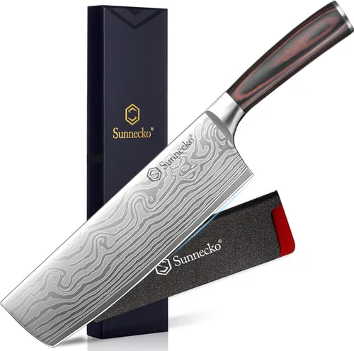 Cuchillo Nakiri Sunnecko de 7 pulgadas, cuchillo de cocina de acero inoxidable de alto carbono, cuchillos de cocina súper afilados con funda y caja