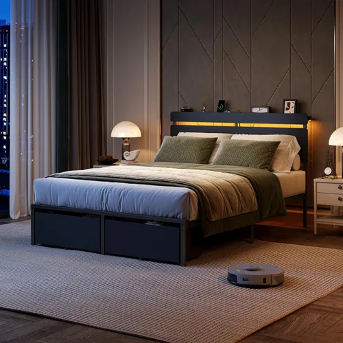Miniatura 3 de Forestell Marco de cama tamaño completo con cabecera de madera, cama plataforma negra con 2 cajones de almacenamiento y estante, estación de carga